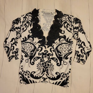 Boston Proper Medium Rayon White Black Floral Ruffle Pop Over Cardigan Sweater